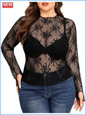 Plus Size Sheer Lace Mock Neck Blouse Thumbhole Sleeves